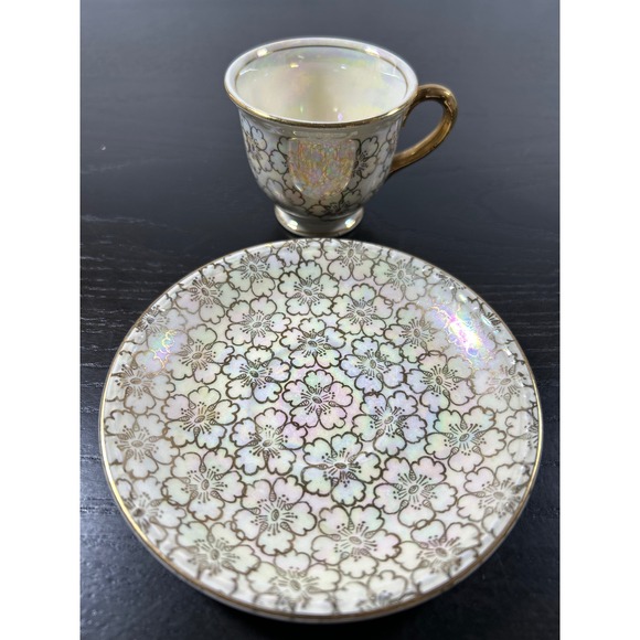 Vintage Geo H Bowman Son Lusterware Demitasse Cup Saucer Gold Floral Iridescent - Picture 3 of 7